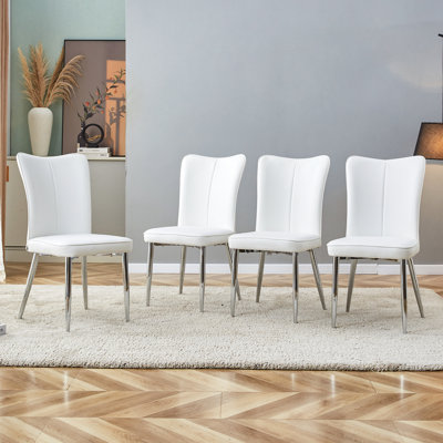 Chaises de salle à manger modernes et minimalistes, chaises de bureau. Ensemble de 4 pièces de sièges en polyuréthane blanc avec pieds en métal argenté. Convient aux restaurants, aux salons et aux bureaux. W1151116741