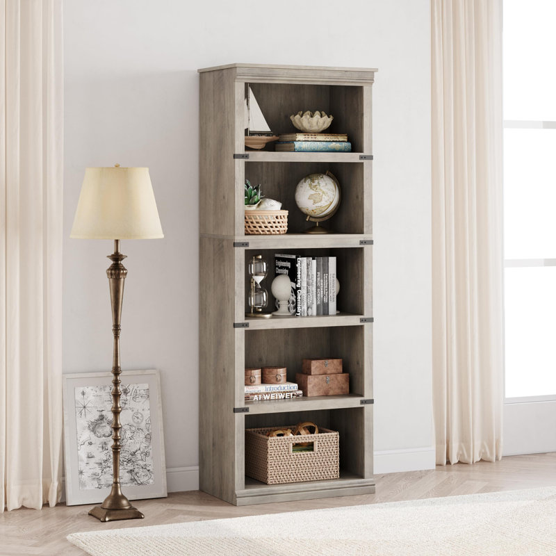 5 Tier Bookcase, Farmhouse Book Shelf with Storage, Tall Book Case Wooden 5 Shelf Bookcase, Grey