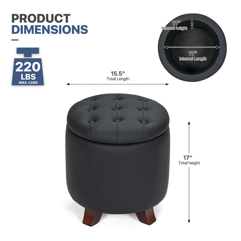 Upholstered Storage Ottoman, PU Leather Button Tufted Footrest Round Footstool With Removable Bin, Black