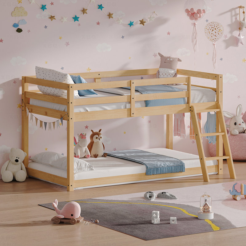 Cadre de lit pour enfant Lit simple mezzanine bas - convertible en lit superposé, bois massif moderne avec éclairage à DEL