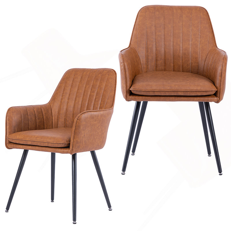 Faux Leather Dining Chair Set of 2 - Modern Mid-Back Accent Chairs with Metal Legs - Comfy Upholstered Chairs for Living Room, Bedroom, Reception Room (Whisky Brown, Set of 2)