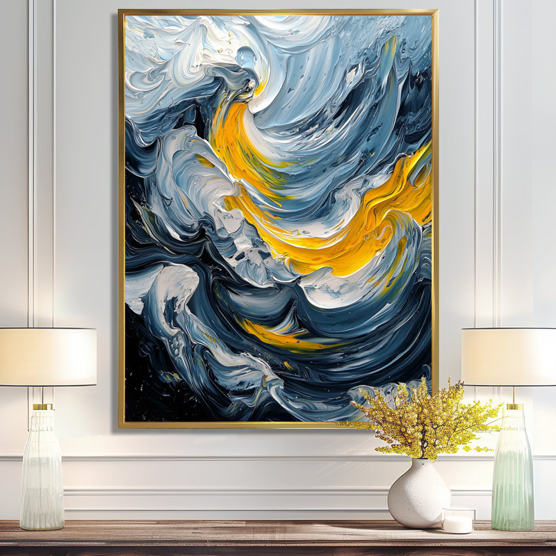 «Nudd Yellow and Gray Ink Oceanic Waves I», reproduction d'art sur toile, H 20 po x l 12 po, Reproduction avec cadre flottant