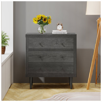 Commode de rangement à 3 tiroirs Nordic, panneau de rangement en panneau de fibres à densité moyenne gris avec boutons assortis