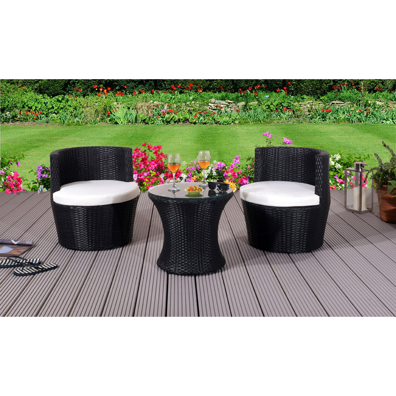 Dayana 2 - Person Wicker Patio Dining Set with Round Table , Cushions Included, Black