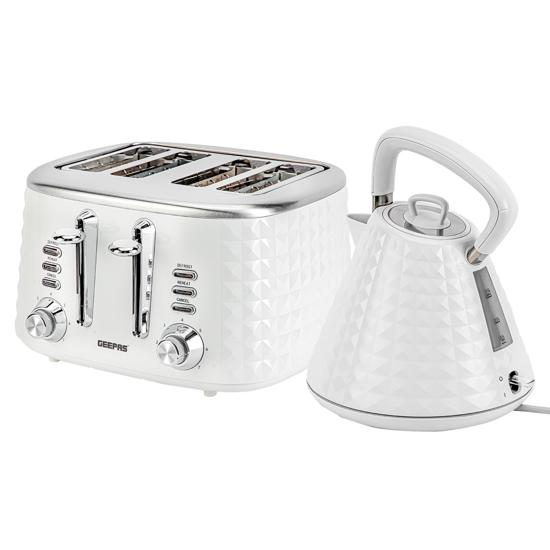 Geepas Argyle collection 1.5L Pyramid Kettle & Toaster set 4 Slice in White - Image 6