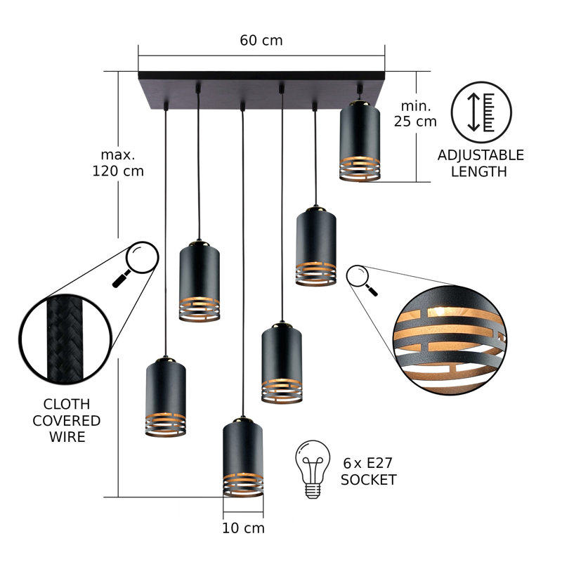 - Light Pendant, 6 Lights, Black/Gold