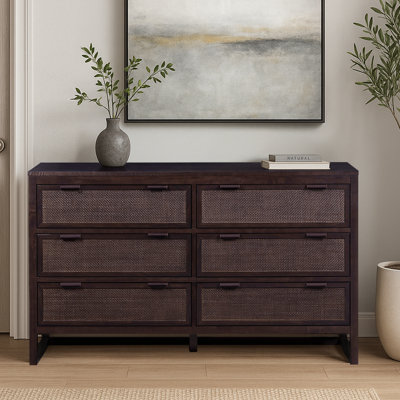 Ameer 6-Drawer Double Dresser with Rattan Inlay Fronts and Faux Leather Pulls, Solid Wood Frame, Natural Modern Boho Storage