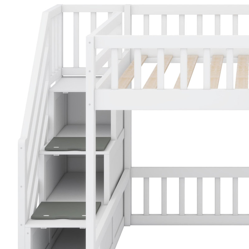 Lit mezzanine avec design cabane de jeu, marches de rangement, éclairage DEL et placards sous le lit, Lit double, White+grey