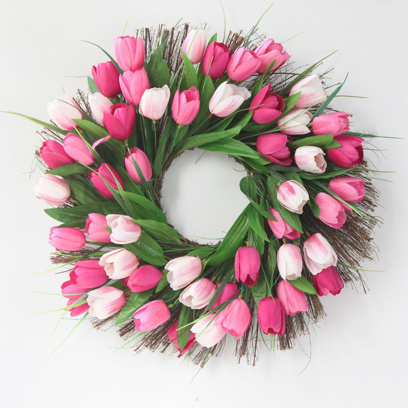 Couronne de tulipe artificielle 18 po toute l'année, Rose