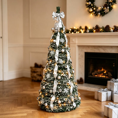 6ft Prelit Pop Up Christmas Tree 150 Warm Lights Collapsible Artificial Xmas Tree for Easy Indoor Holiday Home Decor