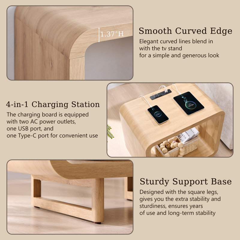 Table de bout moderne 23,6 po, table d'appoint à 2 niveaux avec station de charge et tablette de rangement ouverte, table de chevet simple avec prise de courant