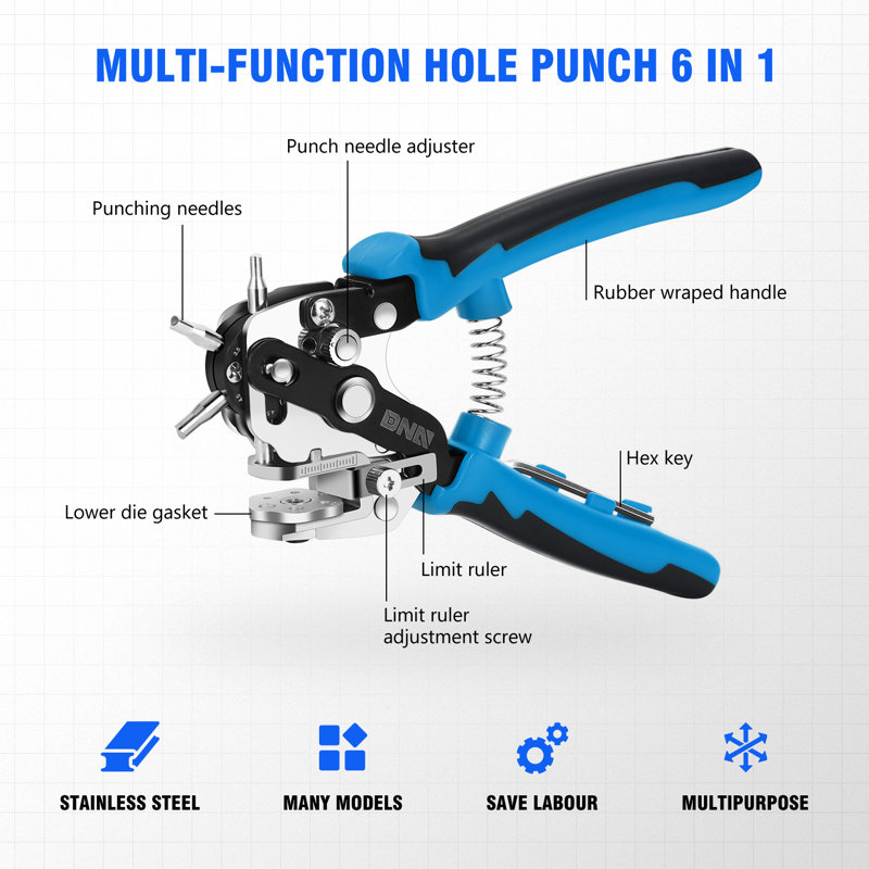 6-IN-1 Multifunction Hole Punch Plier for Straps Leather Dog Collars DIY Blue