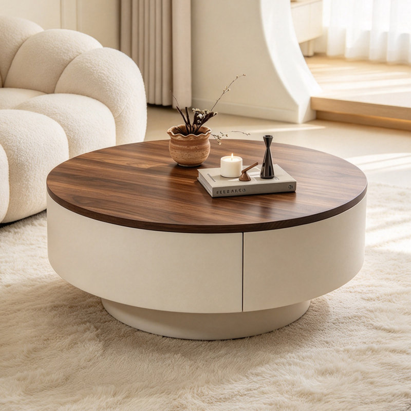 Table basse rétro italienne de luxe, 13" H x 31.49" W x 31.49" D, Blanc / brun noisette