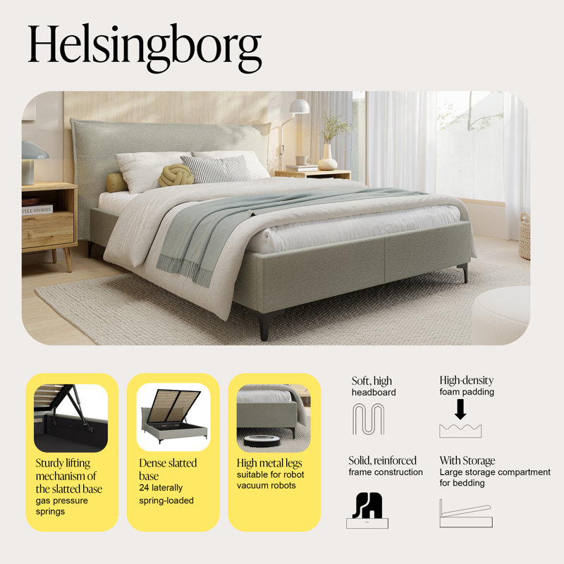 Classic upholstered King Bed with loft-up storage, matress area 150 x 200 cm, minimalistic headboard, Light Grey
