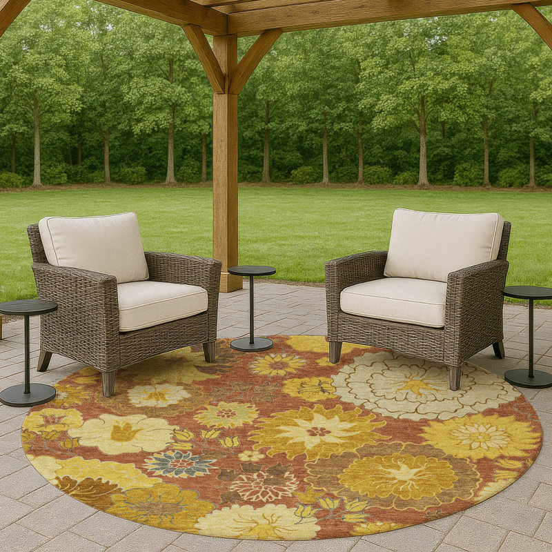 Machine Washable Indoor/Outdoor Emelia ACN2294 Floral Rug, Round 8'
