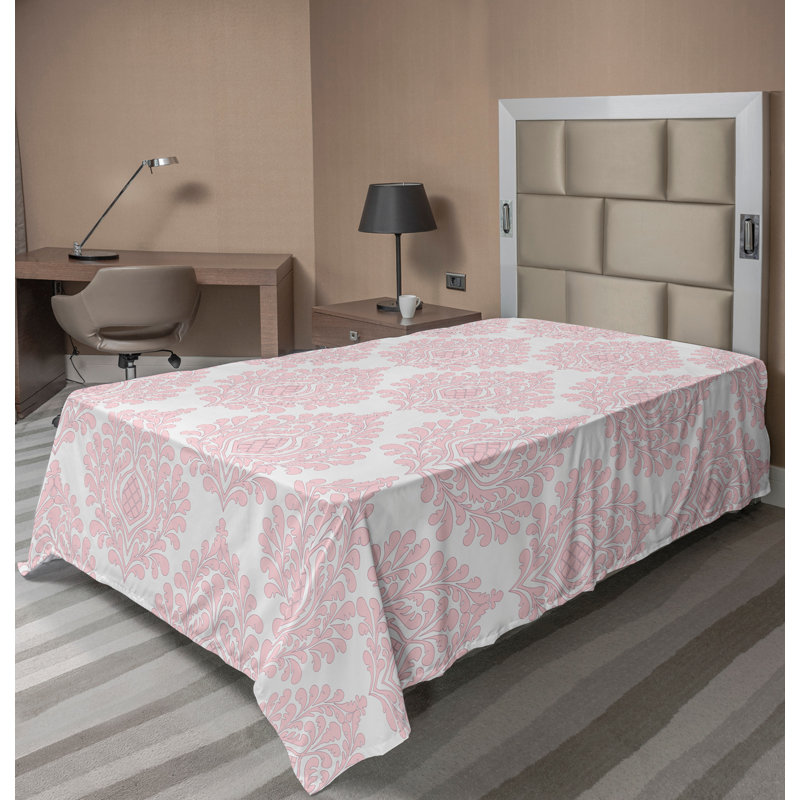 Ambesonne Top Flat Sheet Curving Art, Twin XL Flat Sheet, White Pink Damask