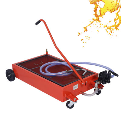 17-Gallon Low-Profile Oil Drain Pan with Manual Pump, Heavy-Duty Mobile Used Oil Drain Tank with Folding Handle, Locking Wheels & Filter Screen for Truck, SUV Oil Changes