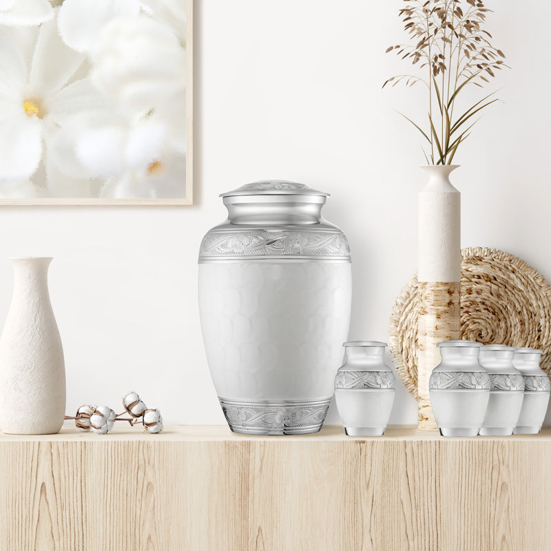 Decorative Urn Set, 1 Large and 4 Small, White