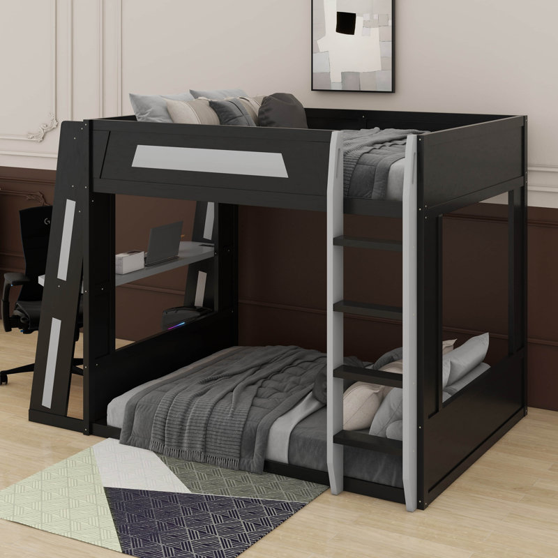 Grand lit superposé en bois avec bureau, USB et DEL, Noir/gris, Grand lit