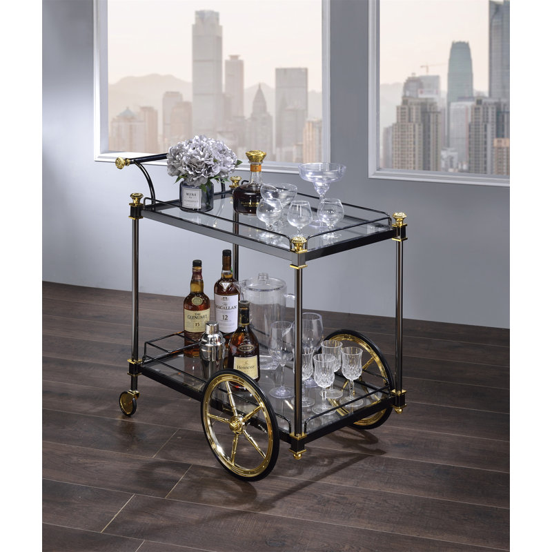 Chariot de service en verre transparent et noir / doré Cyrus