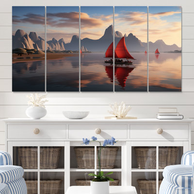 Red Sailboat Sailing Into Arctic Sunset - Boat Wall Art Print - 5 Equal Panels