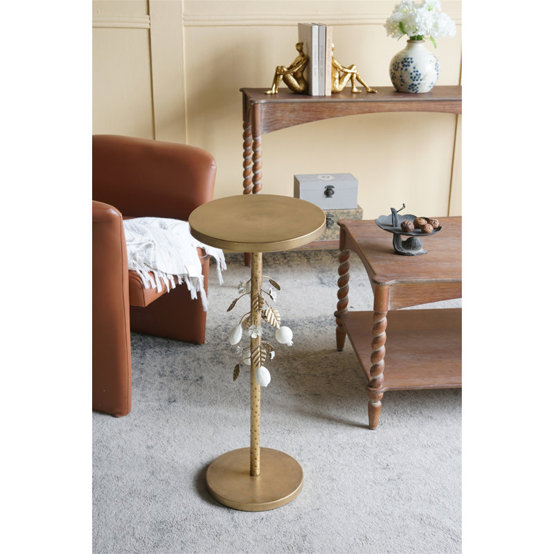 Table d'appoint ronde en fer 11,8 x 11,8 x 28,3 po avec accents floraux dorés et blancs et base en ciment (table basse incluse)