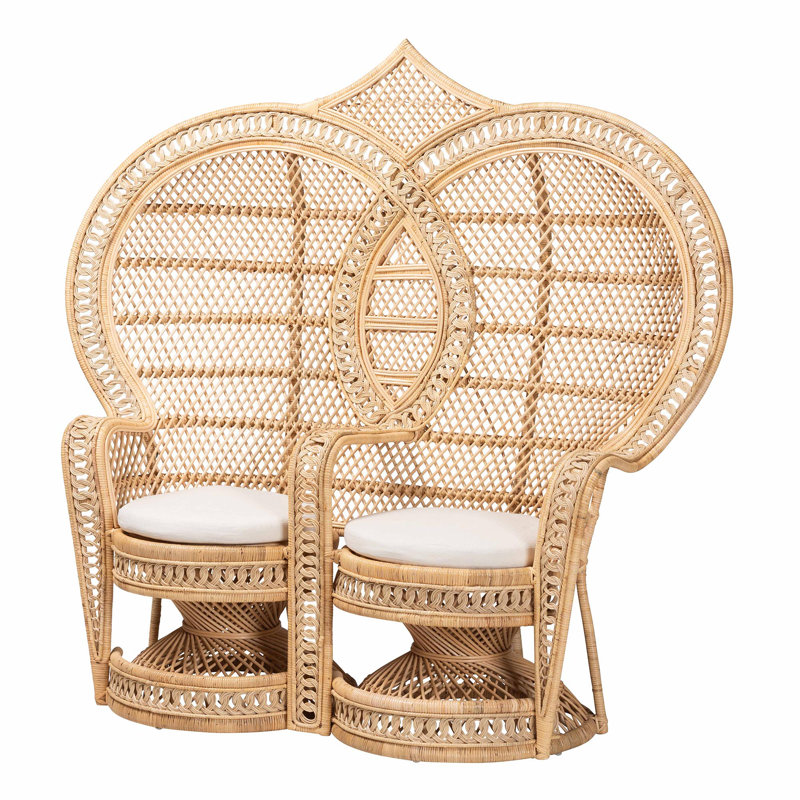 Handcrafted Bohemian Natural Brown Rattan Two-Seater Peacock Chair