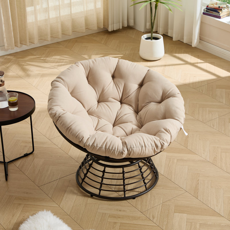 Chaise ergonomique pivotante à 360 degrés avec coussin beige épais, structure brune, idéale pour la chambre à coucher, le salon,