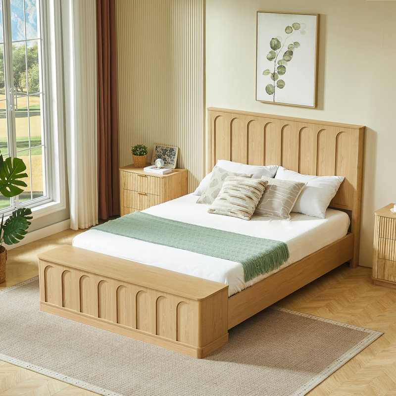 Lit Queen avec rangement hydraulique, plateforme en MDF imitation chêne, style moderne du milieu du siècle, Brun 1
