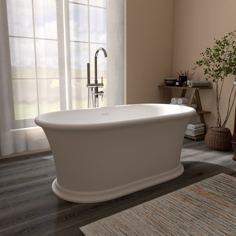 61" Solid Surface Freestanding Soaking Tub with Roman-Inspired Fluted Base, Matte White Stone Resin, Matte White