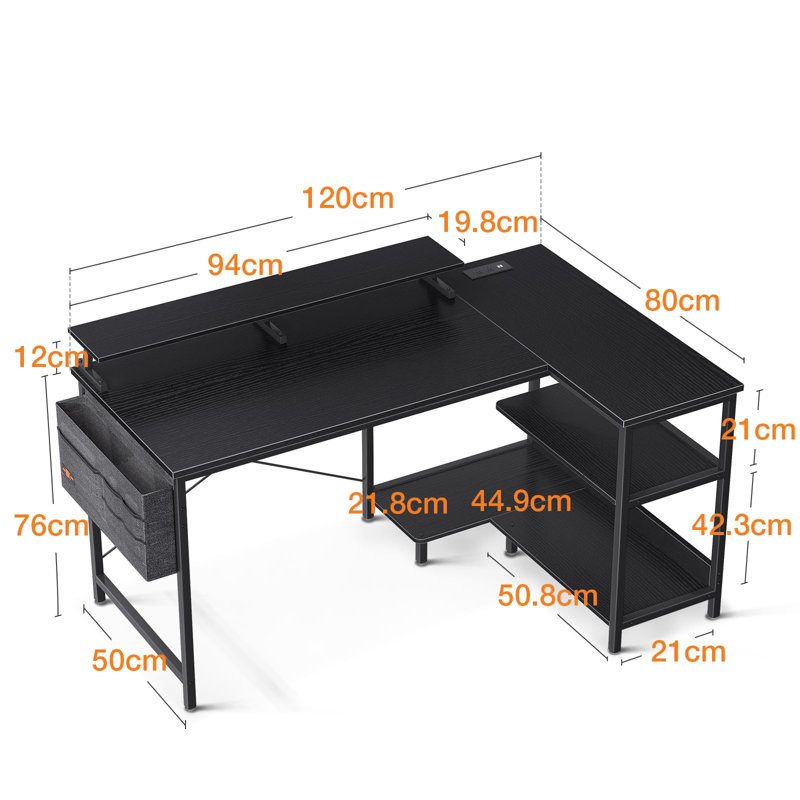 Selman L-Shaped Metal Base Writing Desk, Black