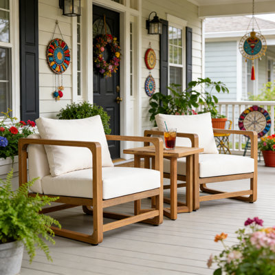 Jeffrey Outdoor 3-Piece Acacia Wood Conversation Set With Removable Cushions