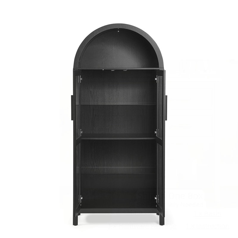 Armoire de rangement en bois à arche haute avec cloisons de verre réglables et lampe