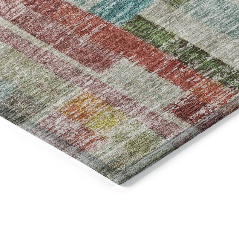 Tapis extérieur lavable rayé en terre cuite vert et brun 9 pi x 12 pi