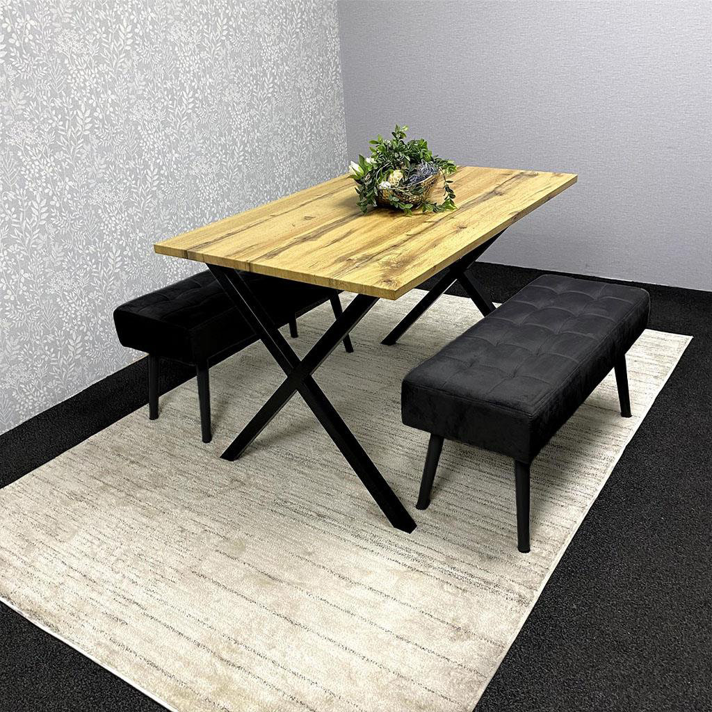 Wooden Brown Dining Table with 2 Velvet Padded Benches, Stylish Dining Room Furniture
