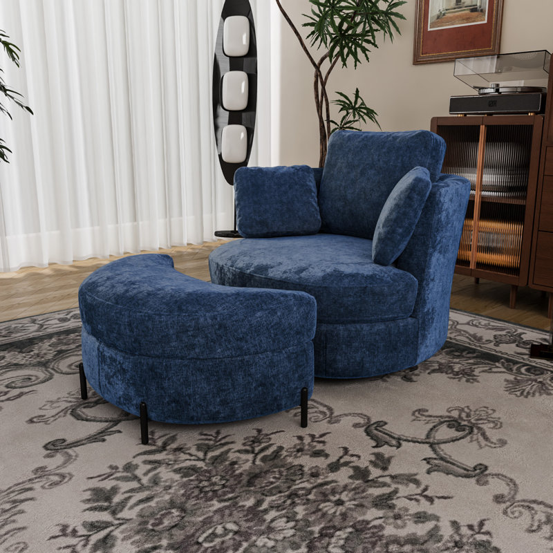 Fauteuil demi-tonneau pivotant moderne surdimensionné avec repose-pieds avec rangement, Chenille bleue marine