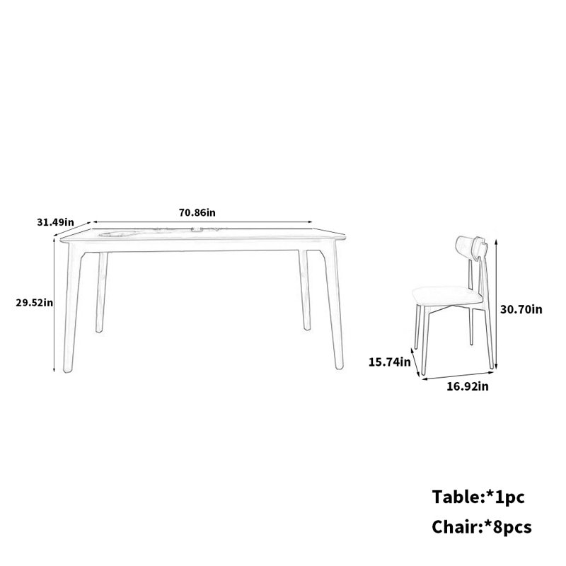 Table de salle à manger et chaises Minimalist, 9 pièces : table, 8 chaises, H 29,52 po x L 70,86 po x l 31,49 po