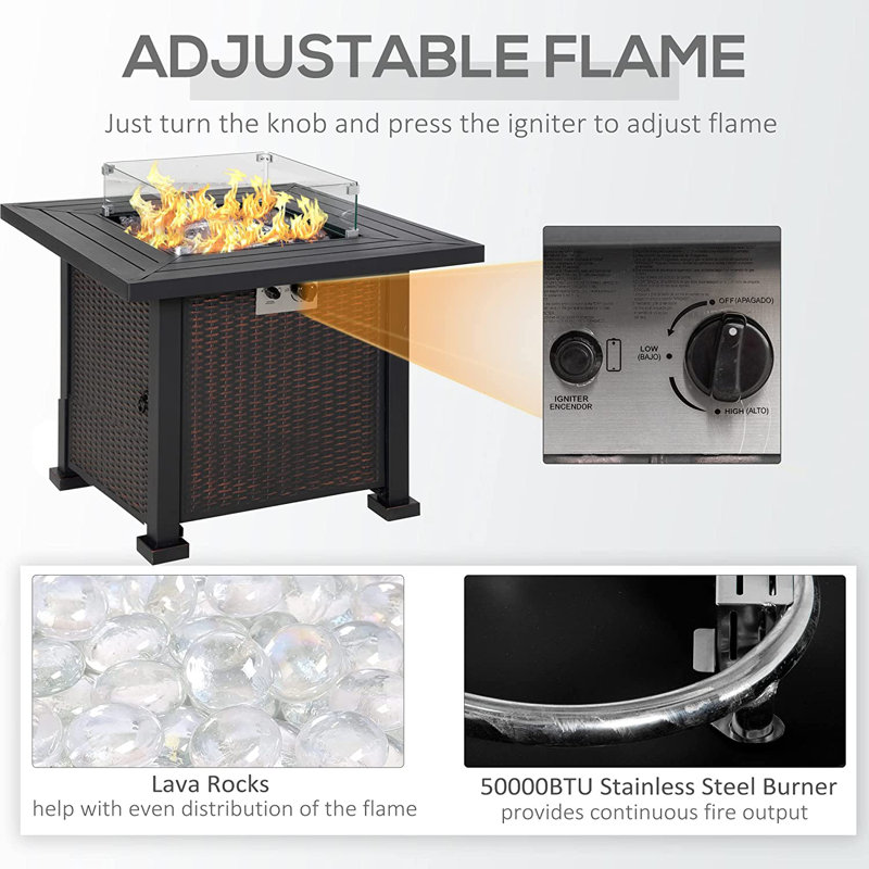 Bulhary Square Steel Propane Smokeless Fire Pit Table with Hidden Fuel Tank