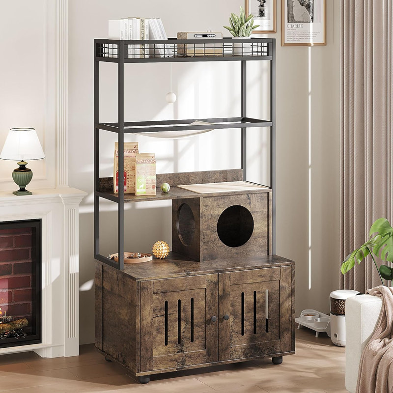 Enceinte de litière pour chat avec support de rangement - Mobilier de chat fermé avec hamac, boules en sisal et tapis à gratter - Solution de litière cachée pour la maison