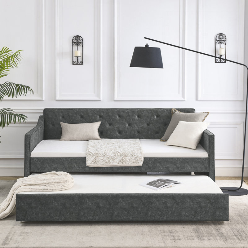 Lit de jour avec canapé-lit capitonné de taille simple avec accoudoirs ondulés, Grey Polyester