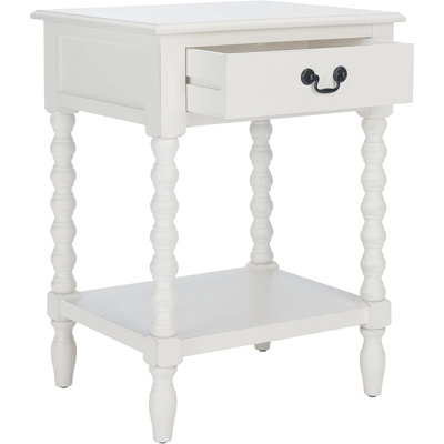 Distressed White Accent Table With Drawer & Shelf, Farmhouse Storage Nightstand, Turned Leg Design – Distressed White – With Drawer & Shelf / Wood / Farmhouse Turned Leg Style