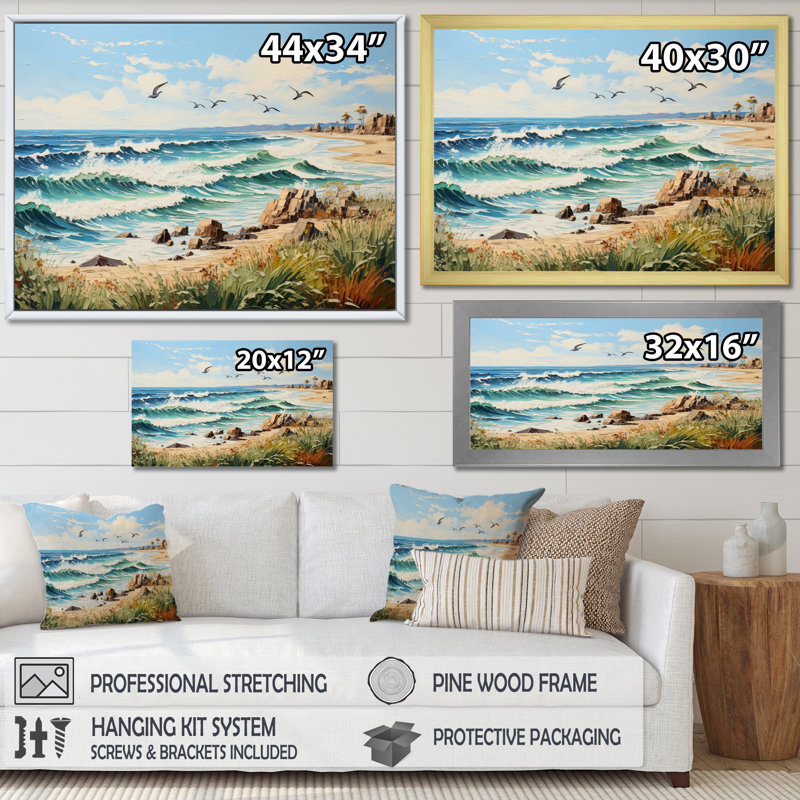 Mouettes en vol au-dessus de la plage II - Reproduction d'art nautique et de plage, Cadre flottant doré, 34" H x 44" W