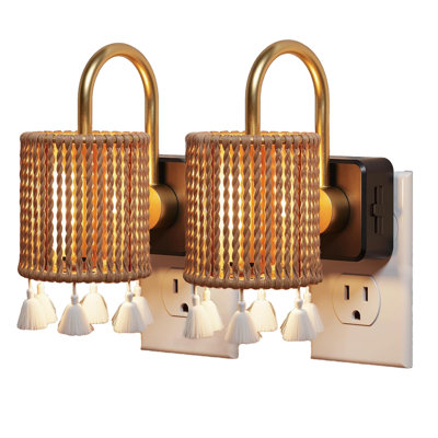 Veilleuses à brancher au mur, veilleuse cylindrique en tissu Boho avec pampille, capteur de crépuscule à l'aube, veilleuses à intensité variable 0-100LM, veilleuse rétro (anneau doré / paquet de 2)