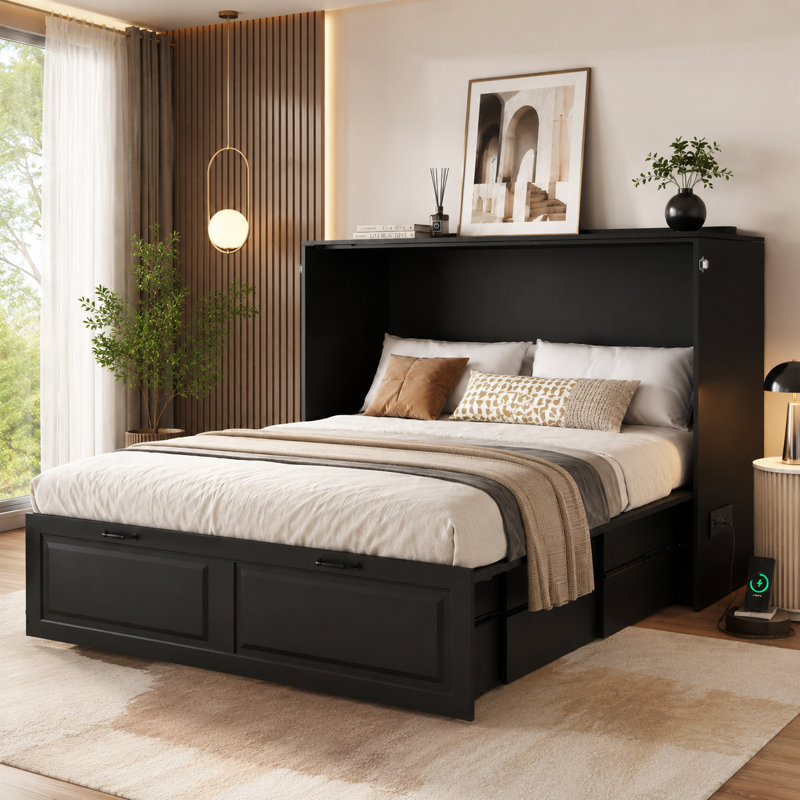 Murphy Bed with Built-in Charging Station, Full Size Cabinet Bed with Storage Drawers, Black, Black