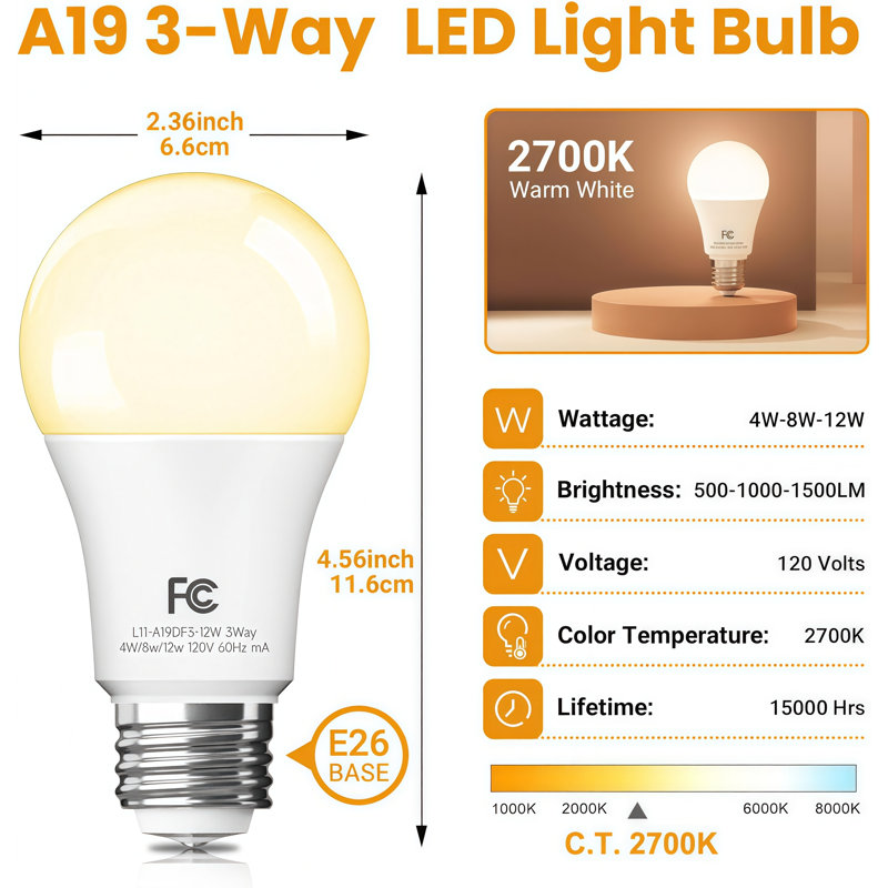 Ampoule DEL 3 voies A19, équivalent 40/60/100 watts, blanc chaud 2700K, 500/1000 / 1500LM, culot E26, paquet de 4