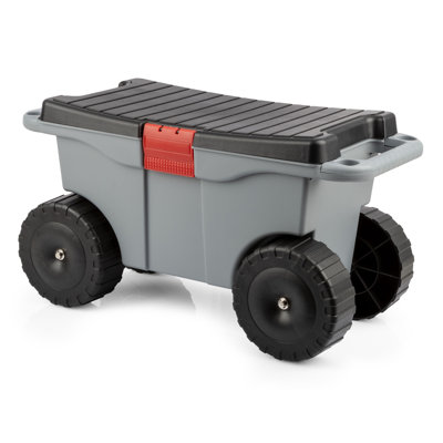 Rolling Garden Cart with Seat - Plastic Storage with Bench and Interior Tool Tray - Gardening Stool for Weeding and Planting by Pure Garden