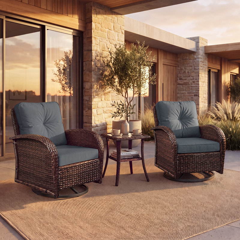 Ensemble de 3 fauteuils à bascule pivotants en résine tressée avec table d'appoint et coussin gris foncé, ensemble de conversation moderne pour véranda, terrasse, balcon et jardin