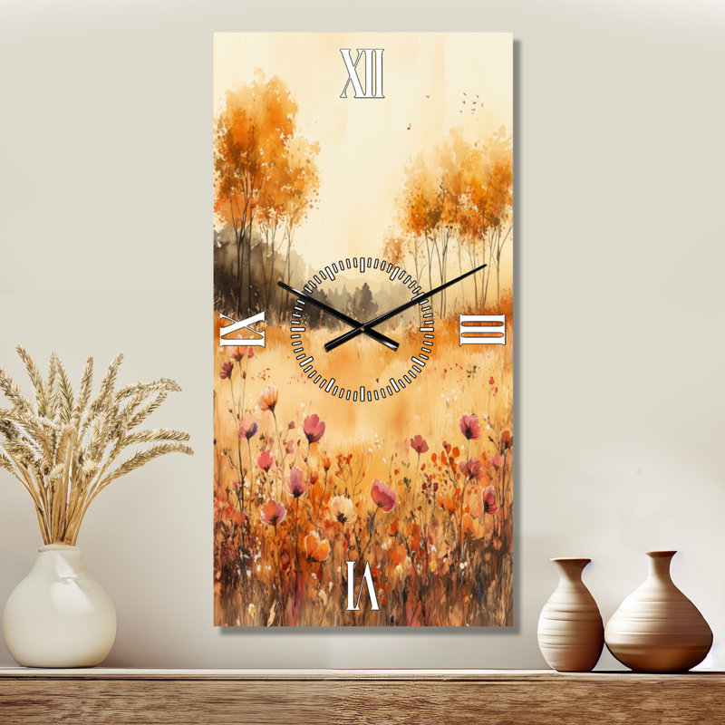 Horloge murale Cottage - Prairie de fleurs sauvages roses et jaunes à l'horizon, H 40 po x l 20 po - Rectangle