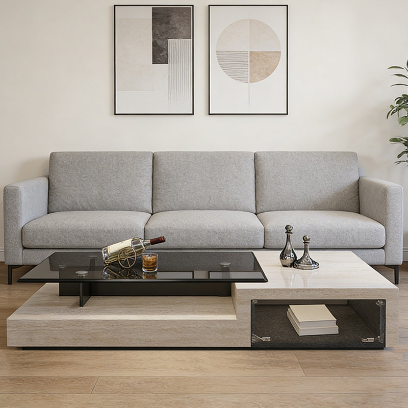 Table basse rectangulaire en ardoise et verre trempé, 15.35" H x 59.05" L x 31.49" W, Noir / brun clair
