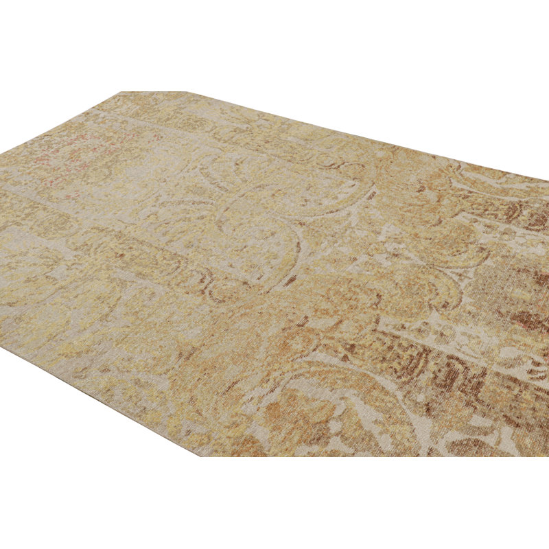 Rug & Kilim’S Distressed European Rug In Beige-Brown & Gold Florals, Rectangle 6'1" x 8'11"